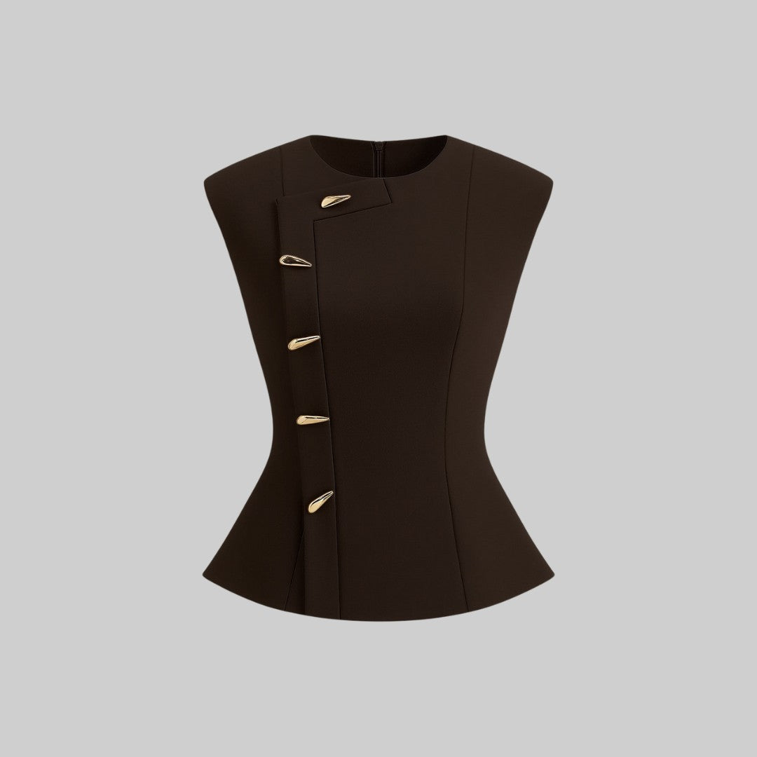 Ärmlös vävd topp med asymmetrisk knappstängning och figursydd silhuett