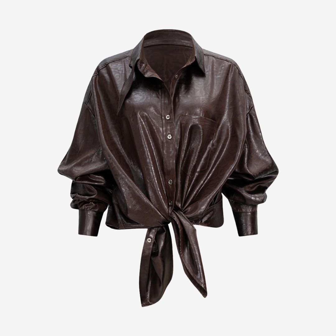 Brun skjortblus i glansigt fuskläder med knytbar fåll