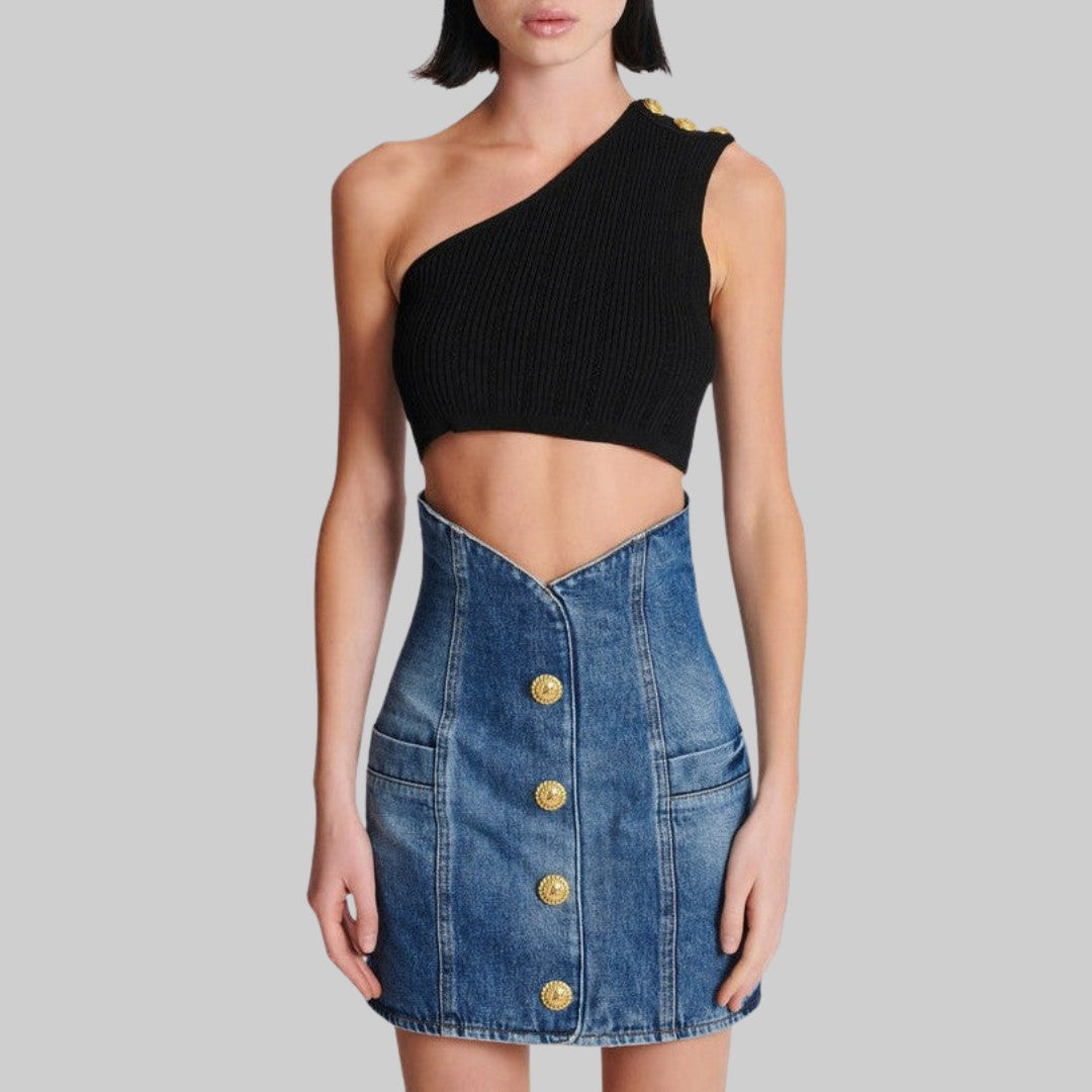 Högmidjad Denimkjol med Guldknappar och Figursydd Silhuett