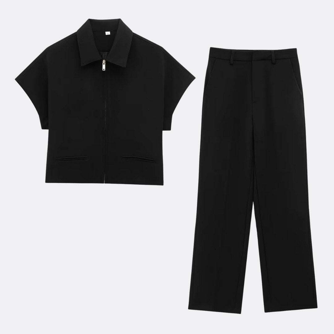 Strukturerat tvådelat set i stretch med zip-top och vida byxor