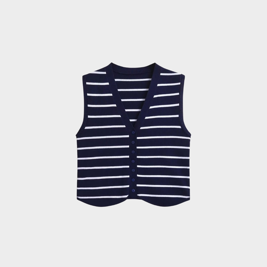 Stickad väst med ränder och asymmetrisk fåll