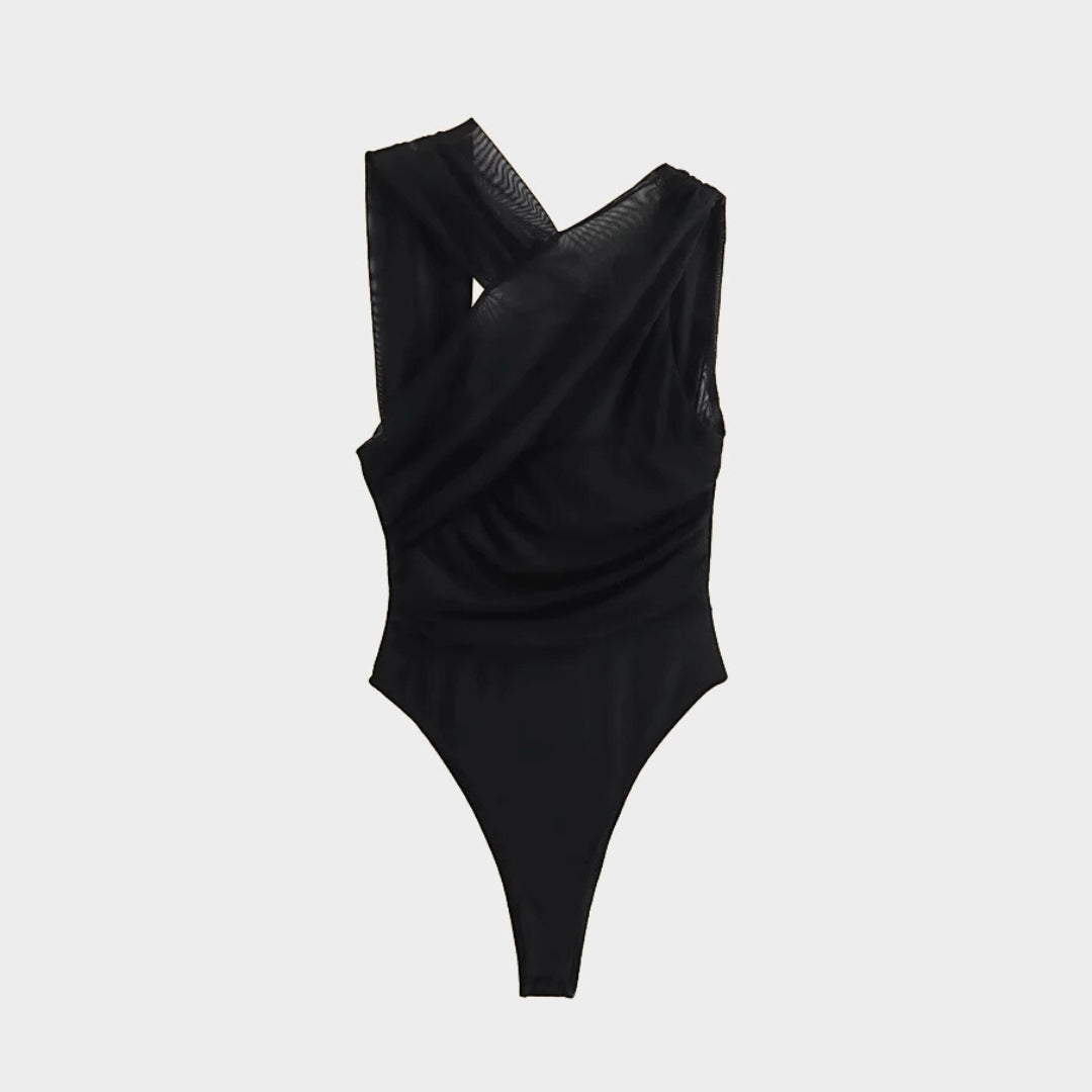 Printad body med rynkad front meshtyg smal passform och draperad design