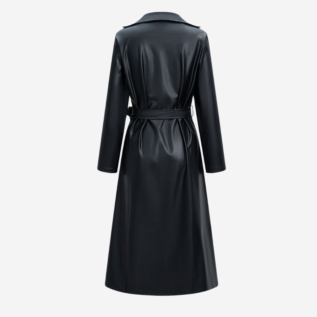 Svart lång trenchkappa i fuskläder med skärp och klassisk krage för dam