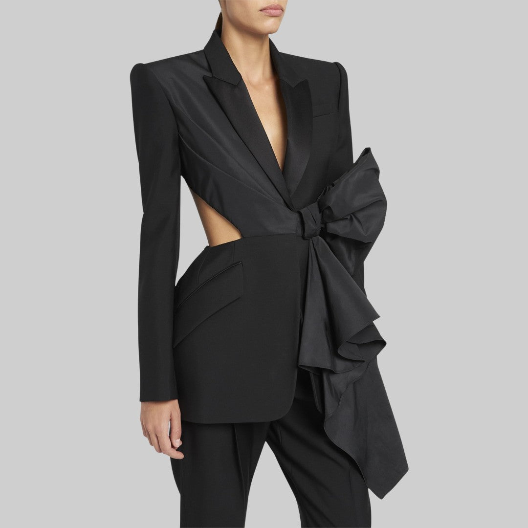 Svart Skräddarsydd Blazer med Stor Rosett och Utskuren Rygg
