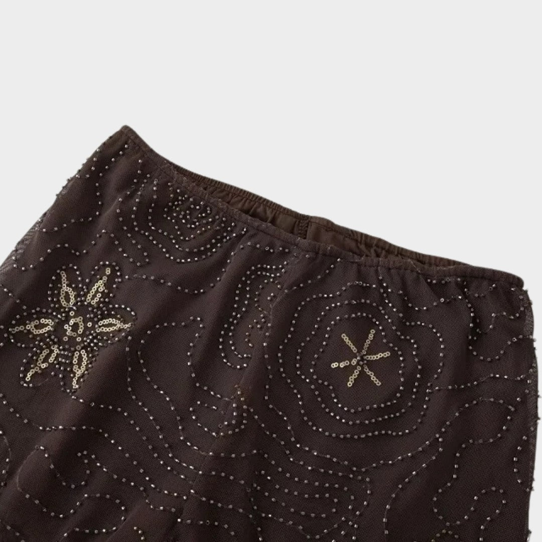 Bruna vida palazzobyxor med pärlbroderi paljetter och låg midja