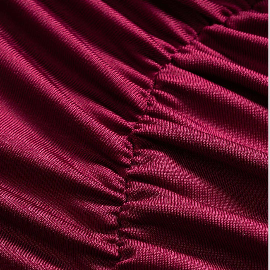 Bourgogne MidiKlänning asymmetrisk one shoulder mesh panel lång ärm draperad rynkad mid stretch