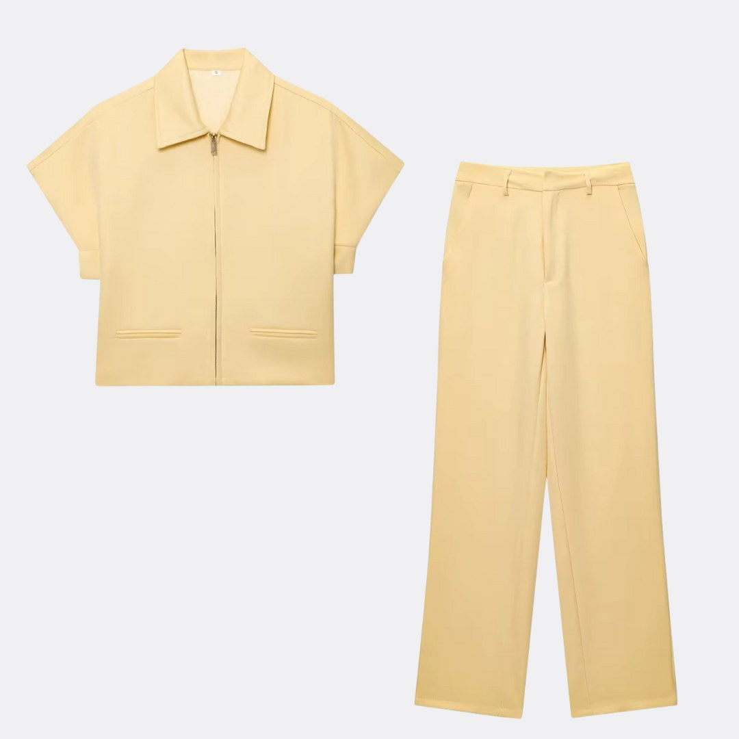 Strukturerat tvådelat set i stretch med zip-top och vida byxor