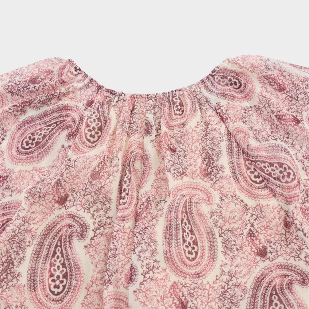 Lång paisleymönstrad klänning med volymärmar och lagerdetalje