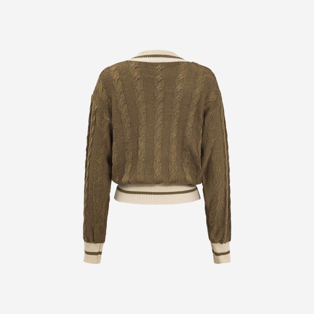 Stickad kofta kabelstickad färgblock V ringad cardigan