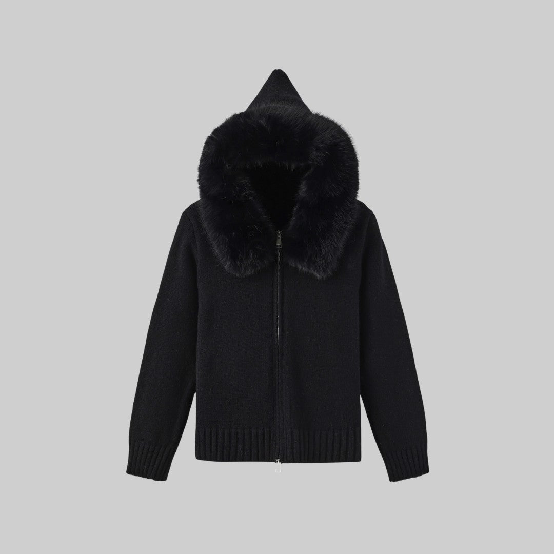 Stickad Jacka med Avtagbar Fuskpälskant och Dragkedja