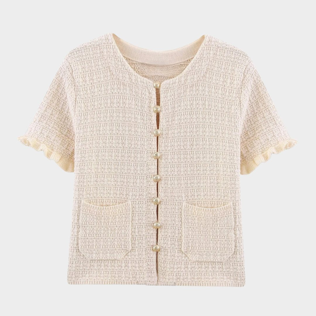 Tvådelad set med kortärmad kofta och midikjol i stickad bomullsblandning