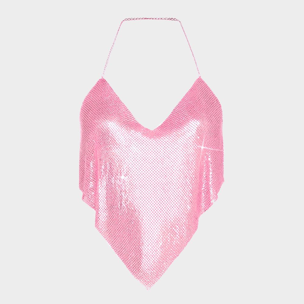 Paljettlinne med kedjeband och öppen rygg i clubstil