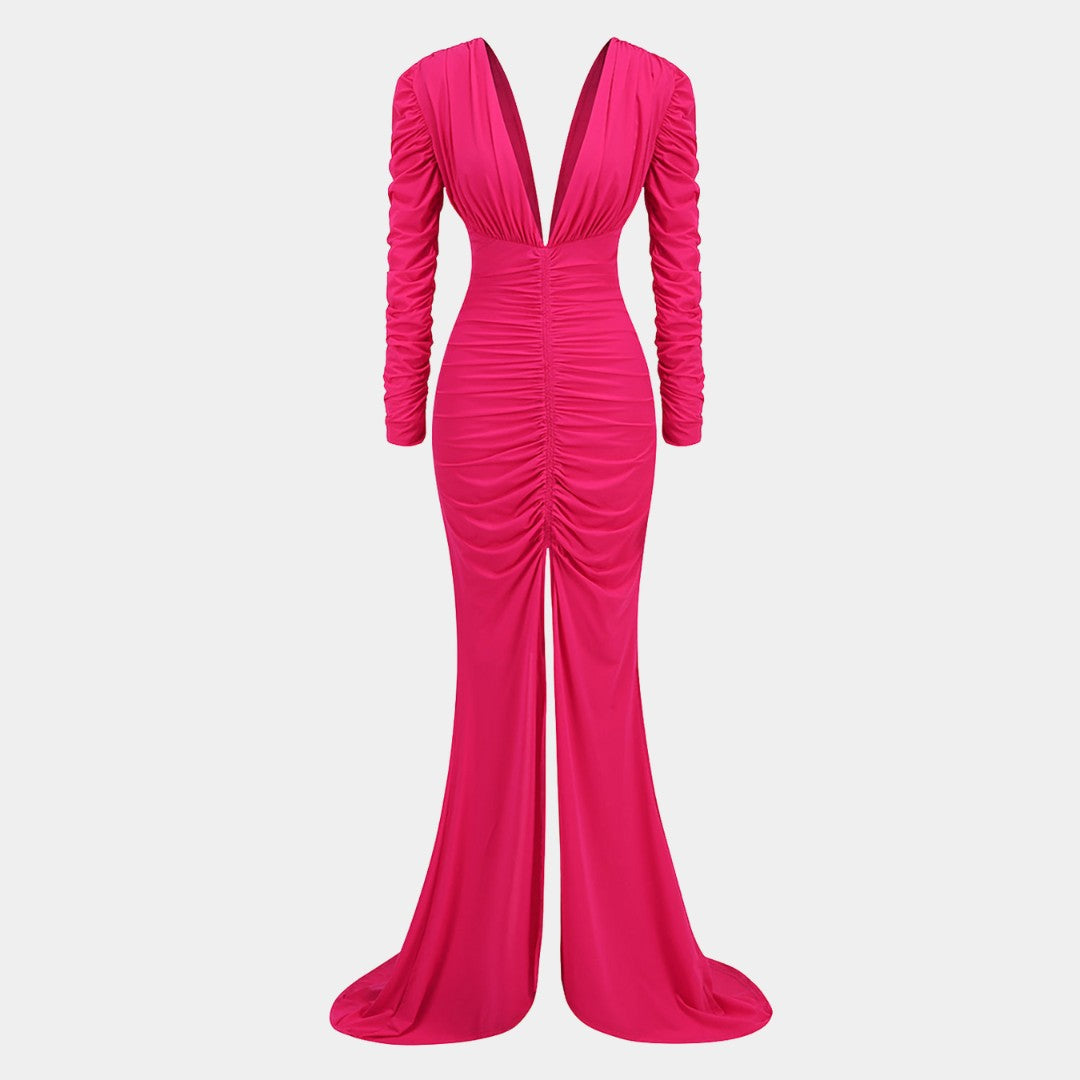 Golvlång stretchig maxiklänning i jersey med djup V-ringning, rynkdetaljer och långa ärmar