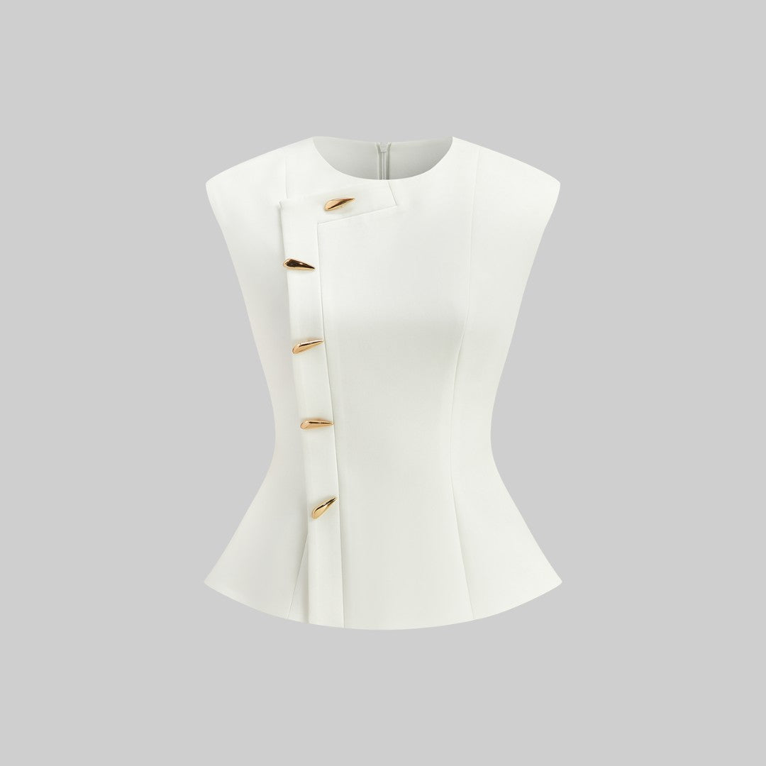 Ärmlös vävd topp med asymmetrisk knappstängning och figursydd silhuett