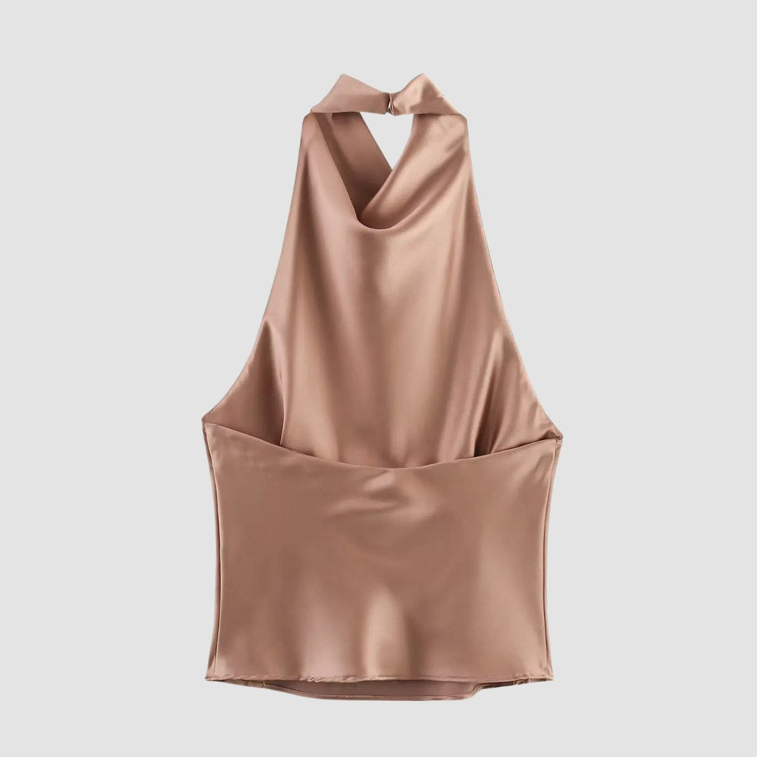 Satinlinne med halterneck och bar rygg i somrig design