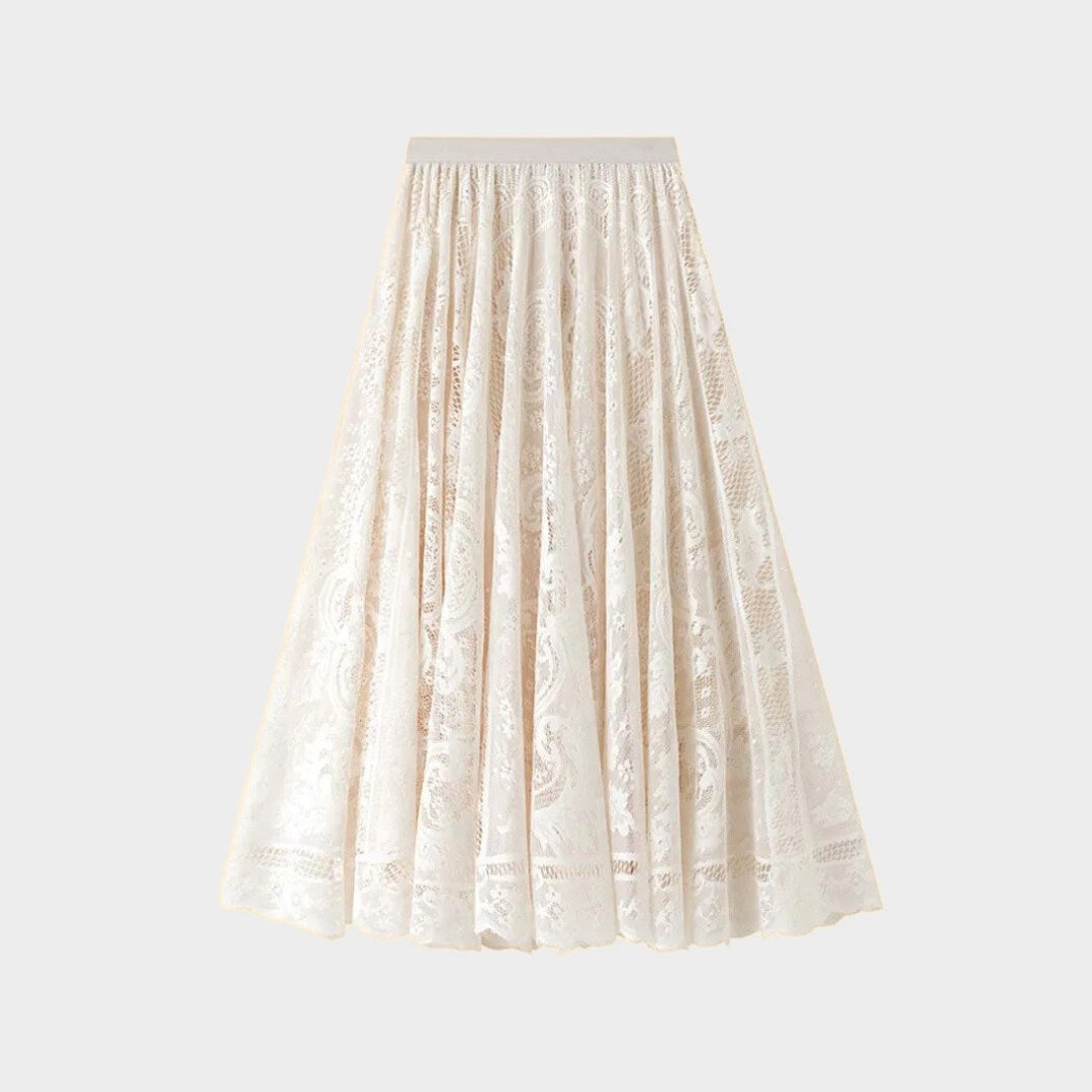 Kjol i spets med naturlig midja, ankellängd, A-linje silhuett och delikat struktur