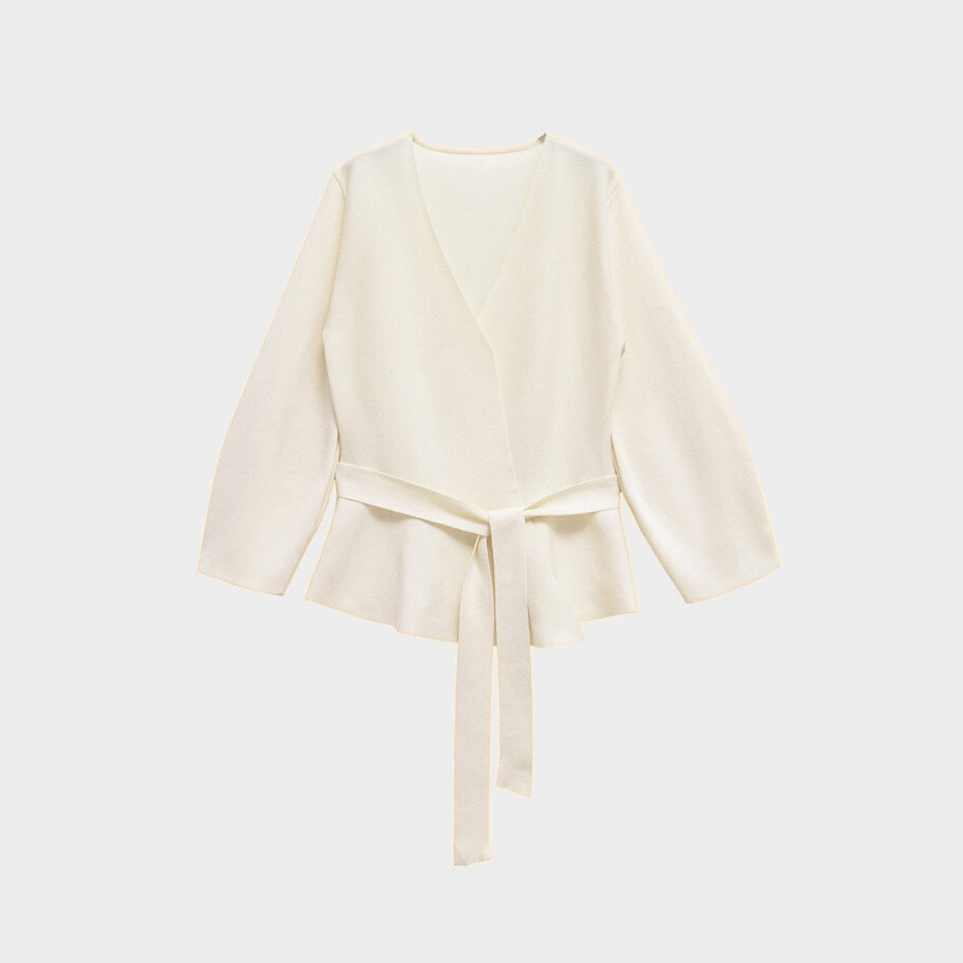 Elegant blus med v-ringning lång ärm och knytbart midjebälte