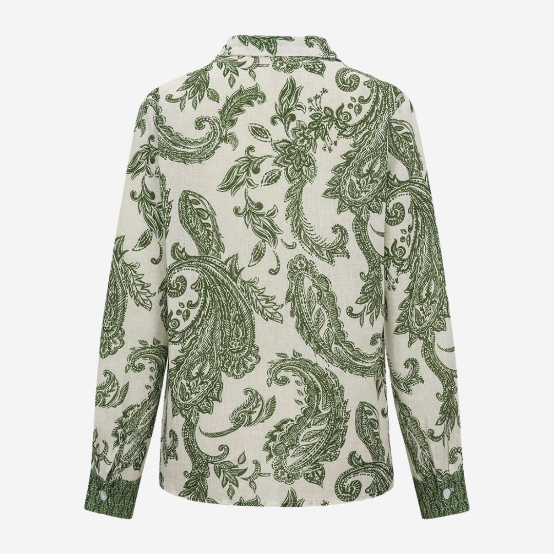 Grön- och vitmönstrad skjorta i paisleytryck med knytbälte och kontrastdetaljer
