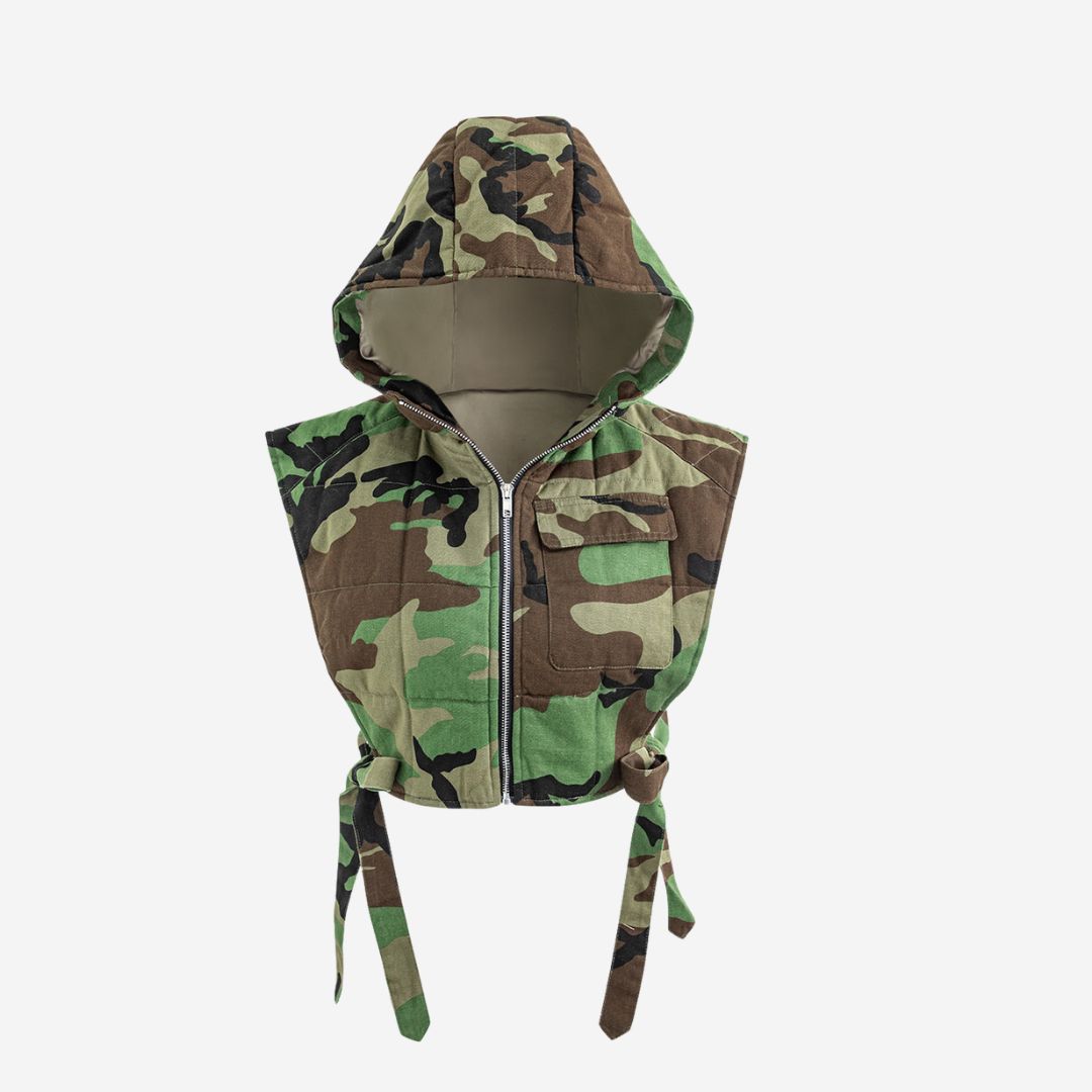 Ärmlös vadderad denimväst med huva och sidosnörning