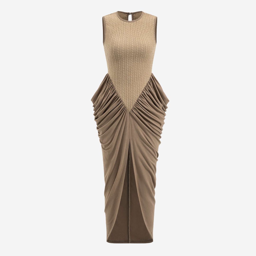 Midiklänning med stickad överdel och draperad kjol i stretchtyg med ärmlös skärning