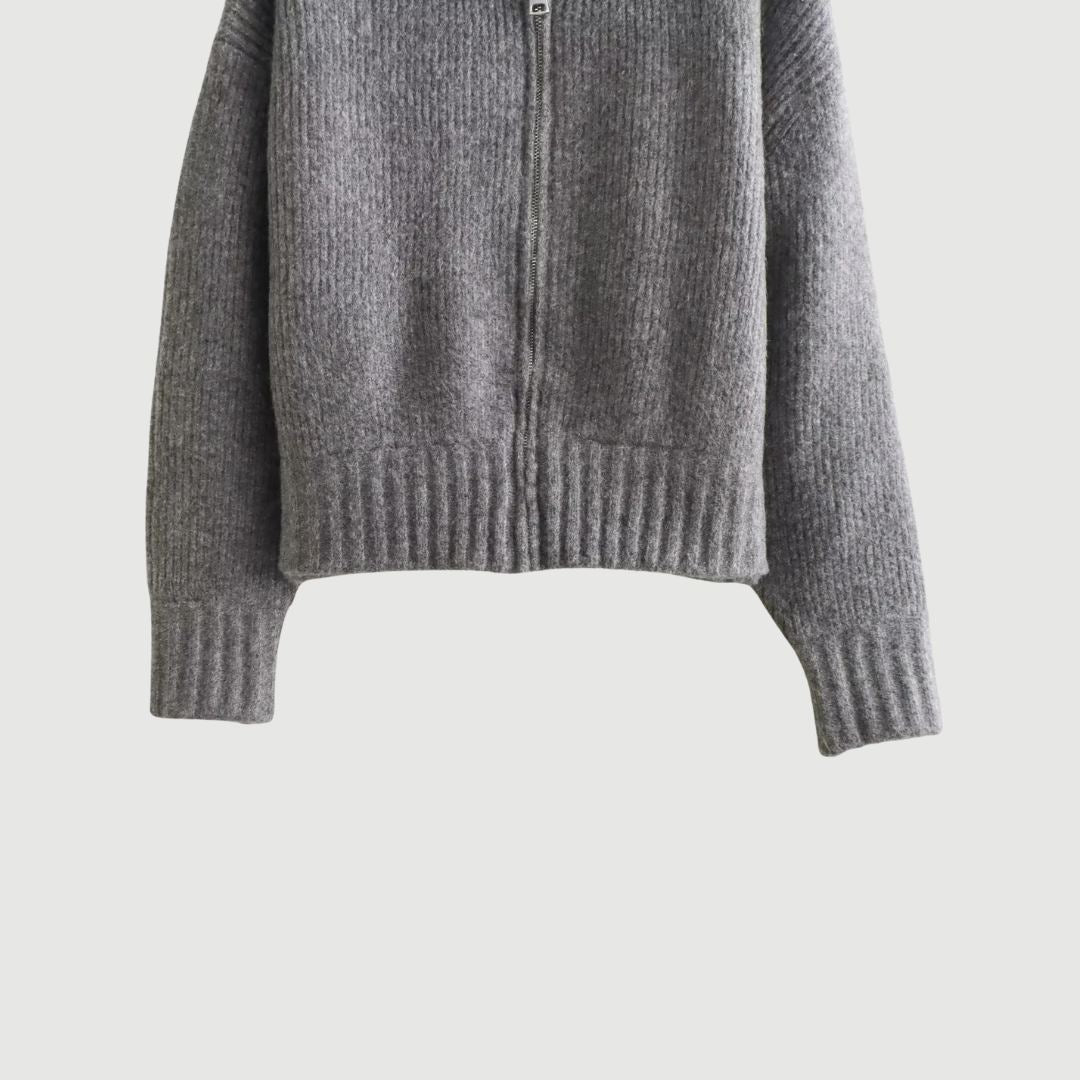 Grå stickad zip-jacka med rund hals och rak passform