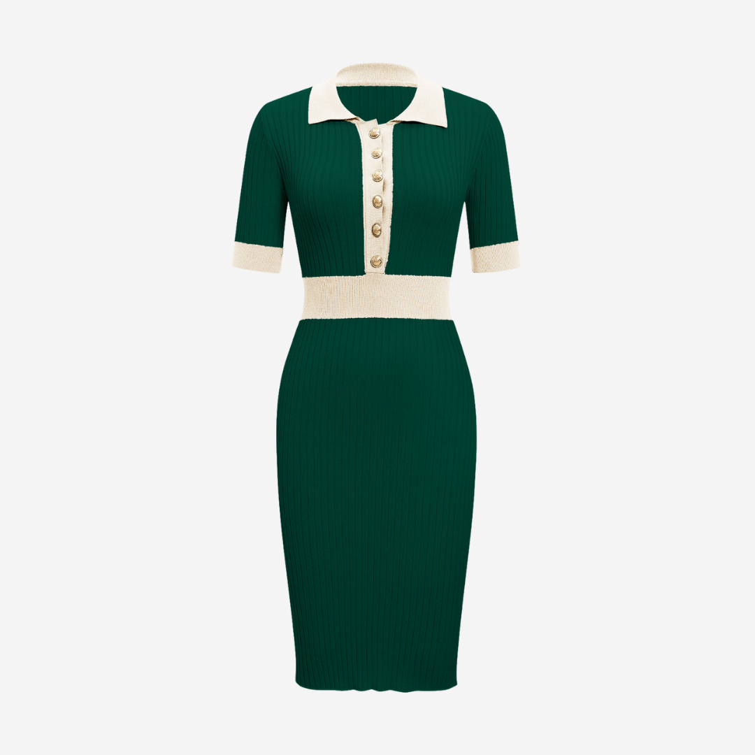 Stickad midiklänning med krage, knappslå, kort ärm och kontrastfärgade detaljer