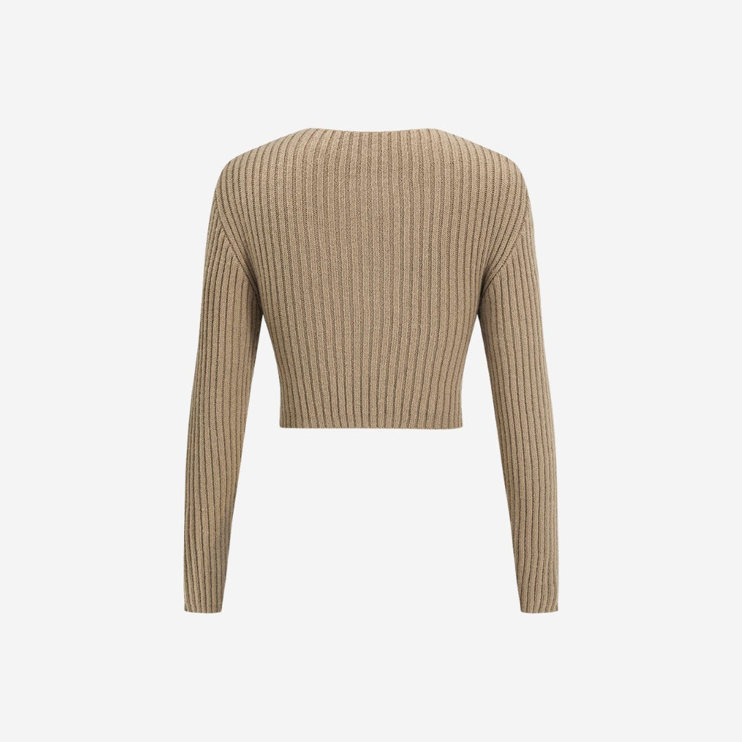 Korsad Ribbstickad Topp Långärmad Mjuk Bomull Detalj