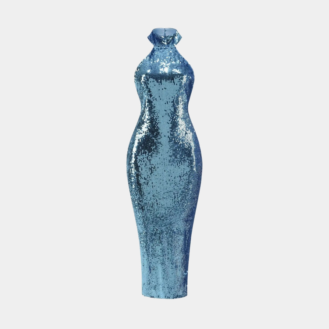 Blå paljettklänning i bodycon-modell med ärmlös design