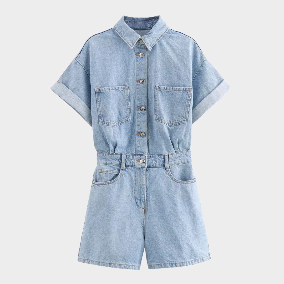 Kortärmad jeansjumpsuit med skjortkrage och hög midja