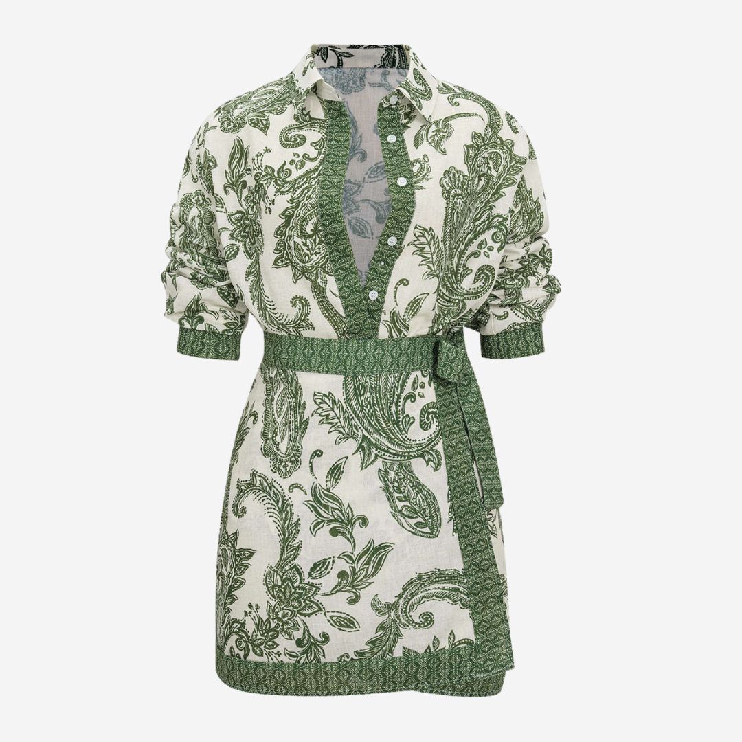 Grön- och vitmönstrad skjorta i paisleytryck med knytbälte och kontrastdetaljer