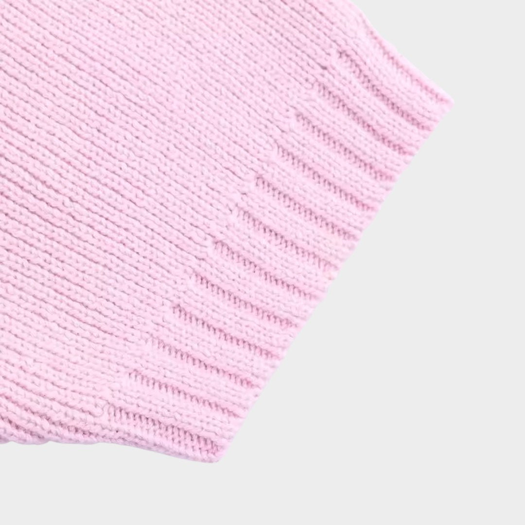 Rosa stickad kofta med rosettband kort ärm och smal passform