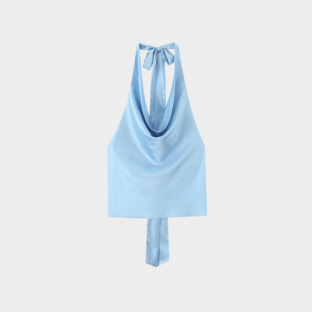 Satintopp med halterneck, knytband och öppen rygg i sommarstil