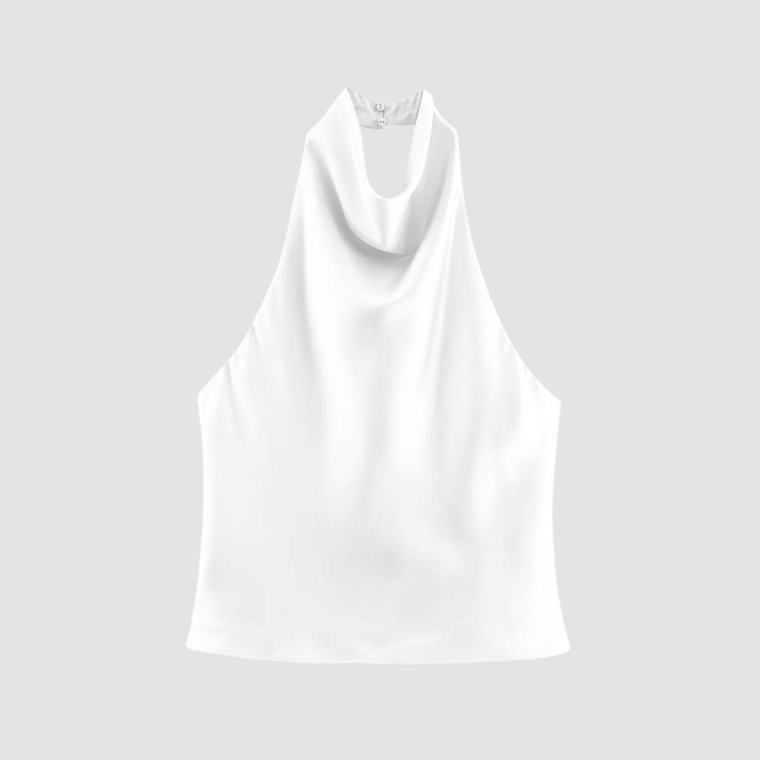 Satinlinne med halterneck och bar rygg i somrig design