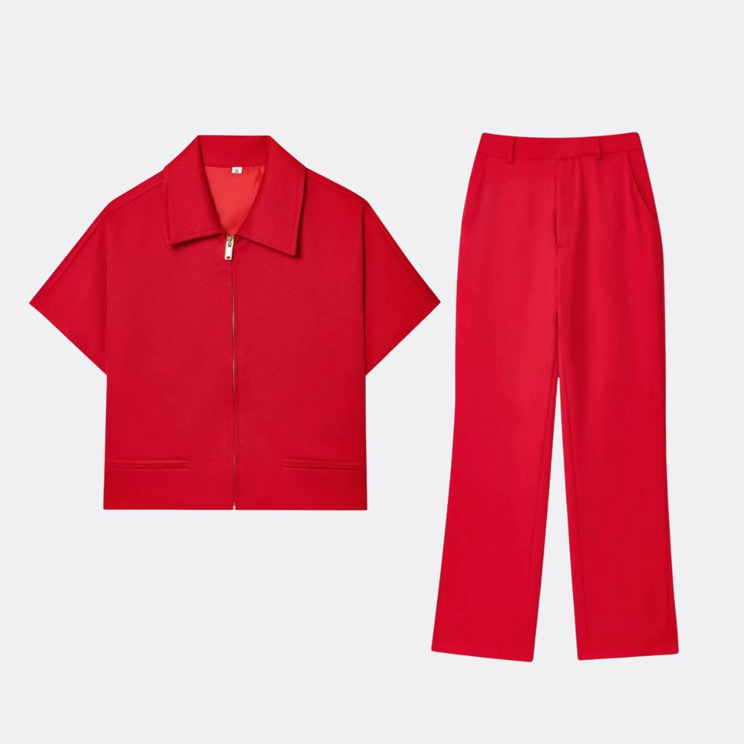 Strukturerat tvådelat set i stretch med zip-top och vida byxor