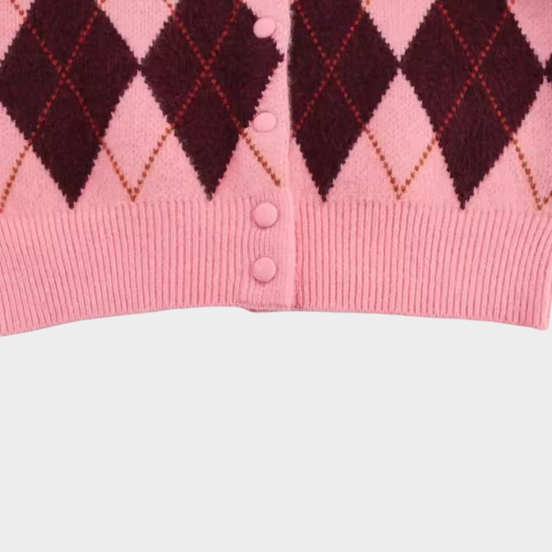 Rutig rosa kofta med diamantmönster och lång ärm