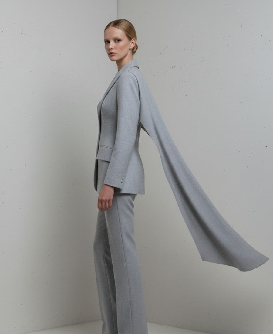 Grå Skräddarsydd Kavaj med Draperad Scarfdetalj och Figursydd Silhuett