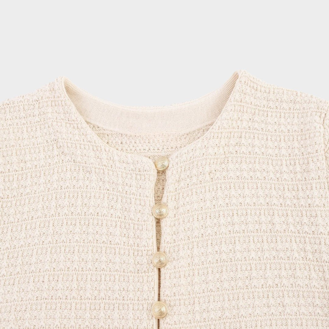 Tvådelad set med kortärmad kofta och midikjol i stickad bomullsblandning