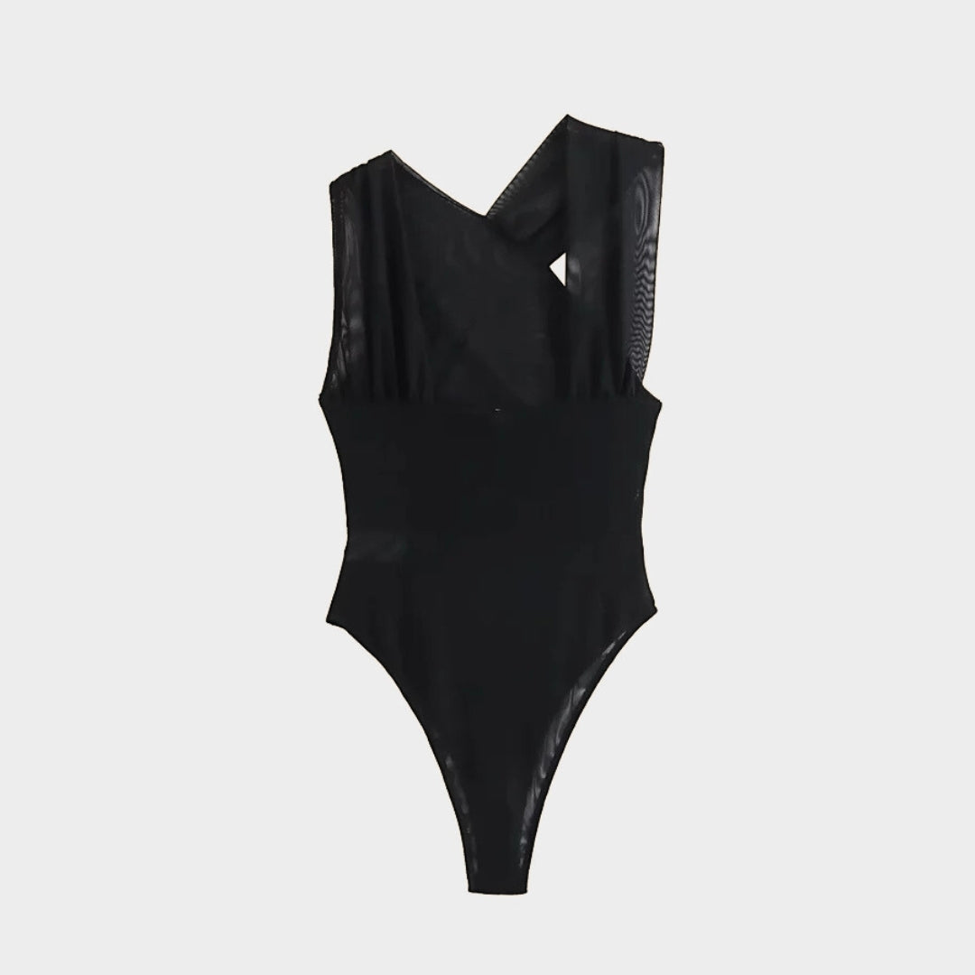 Printad body med rynkad front meshtyg smal passform och draperad design