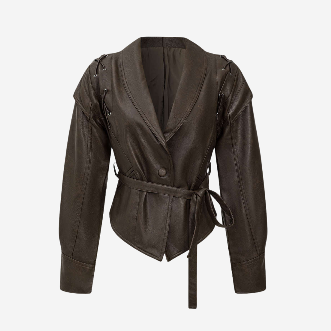 Kort breda axlar oversized jacka i veganskt läder med snörningsdetaljer och knytskärp