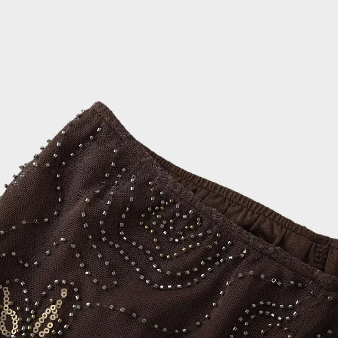 Bruna vida palazzobyxor med pärlbroderi paljetter och låg midja