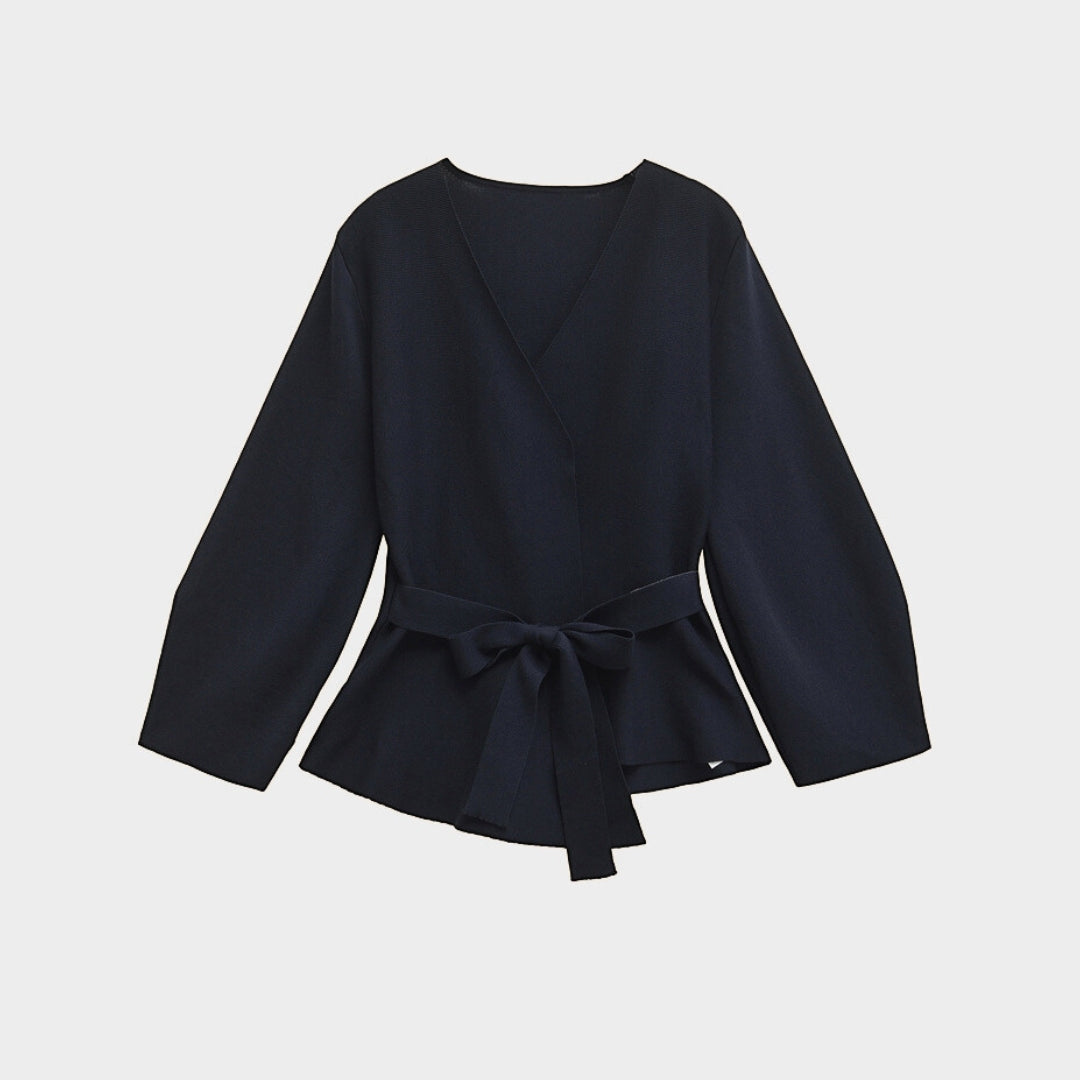 Elegant blus med v-ringning lång ärm och knytbart midjebälte