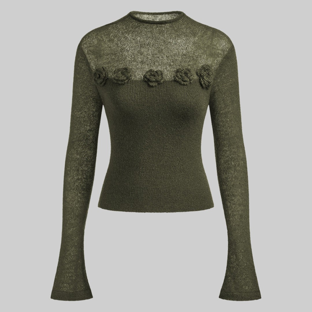 Tunn stickad topp med 3D-blommor och transparent överdel i ullmix