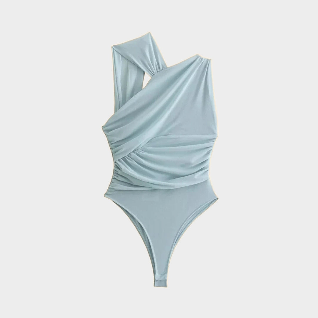 Printad body med rynkad front meshtyg smal passform och draperad design