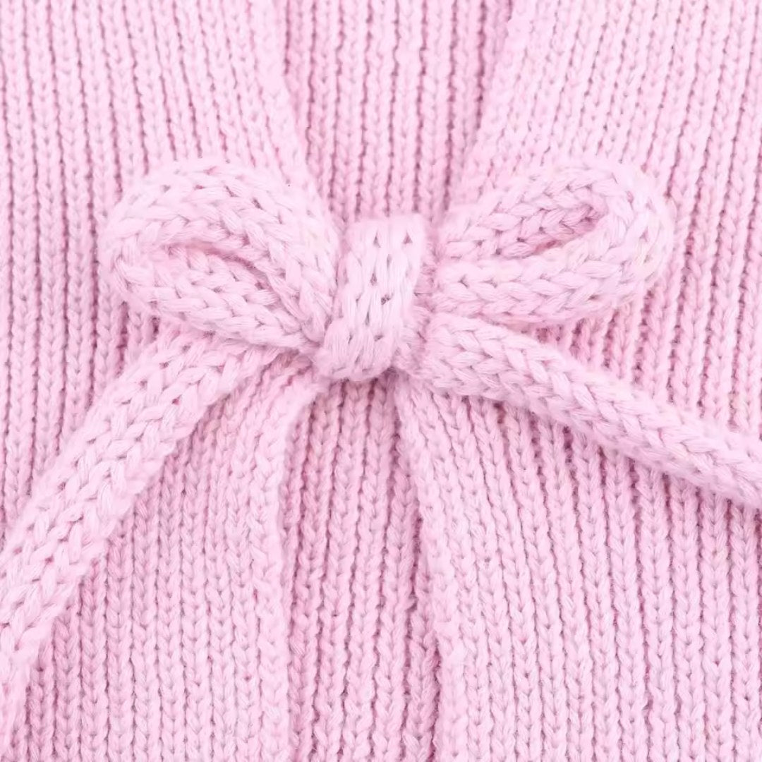 Rosa stickad kofta med rosettband kort ärm och smal passform