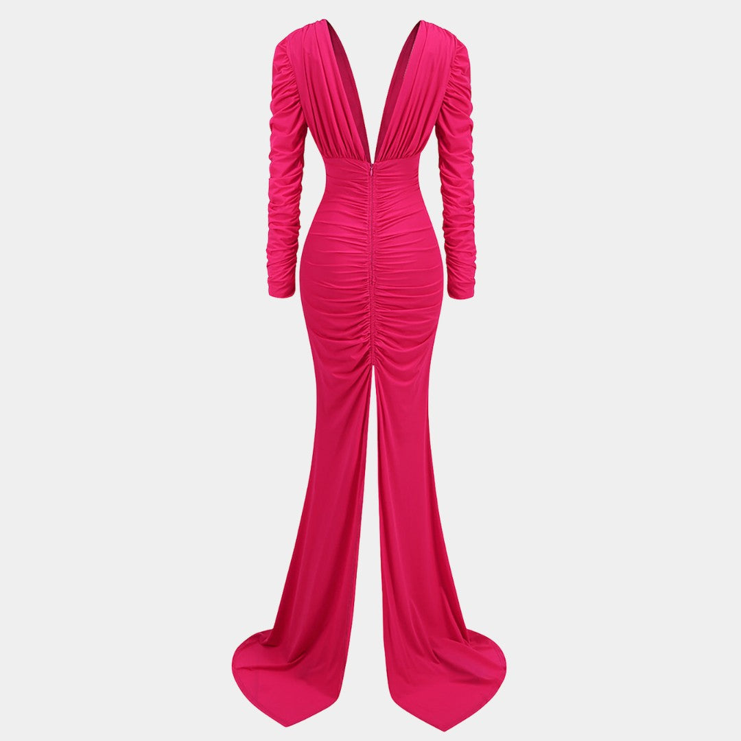 Golvlång stretchig maxiklänning i jersey med djup V-ringning, rynkdetaljer och långa ärmar