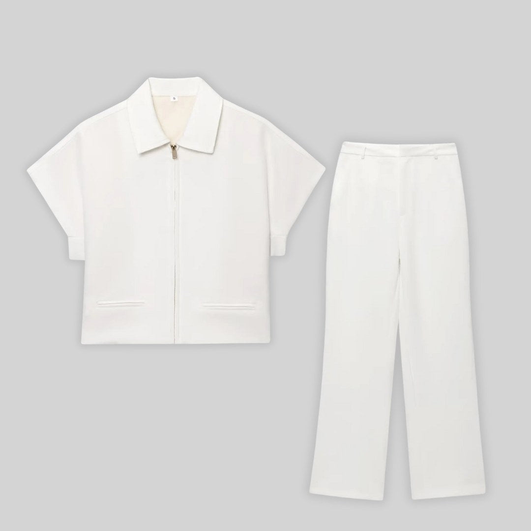 Strukturerat tvådelat set i stretch med zip-top och vida byxor