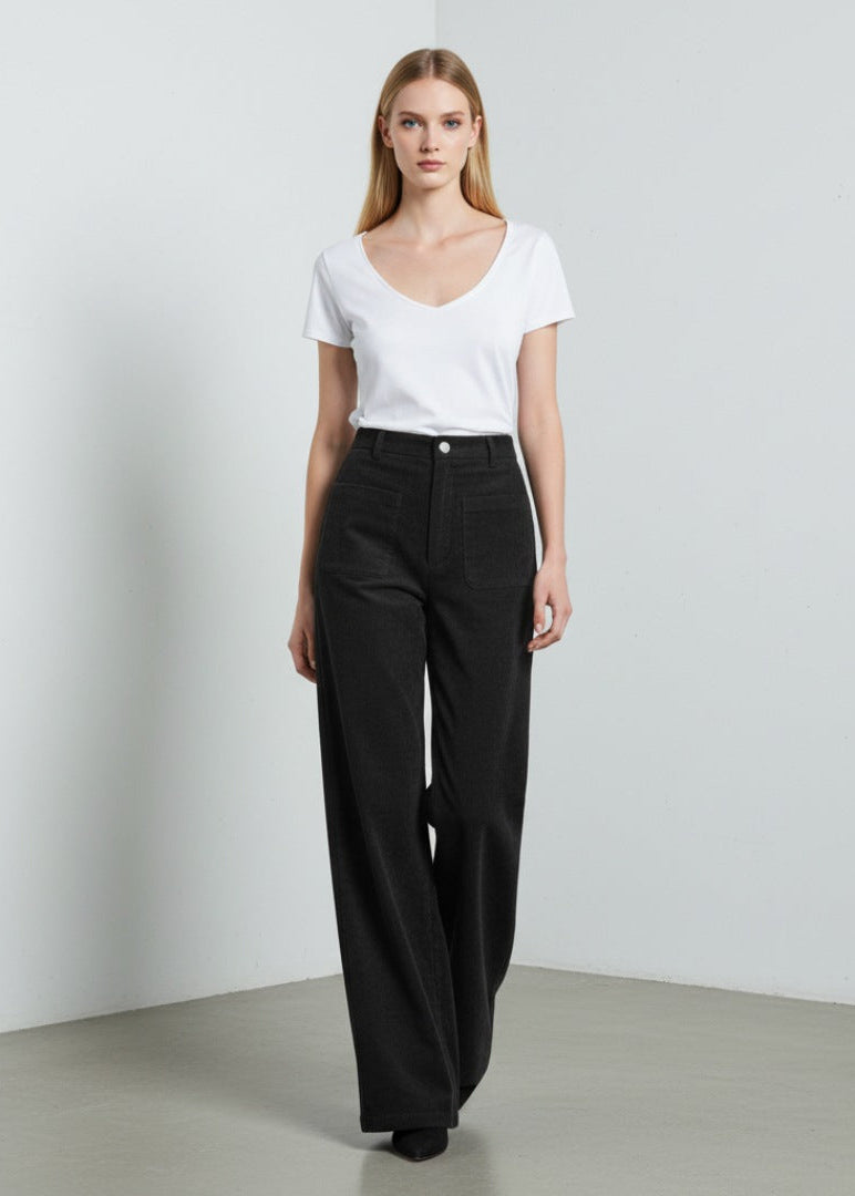 Högmidjade raka byxor i stretch med fickor