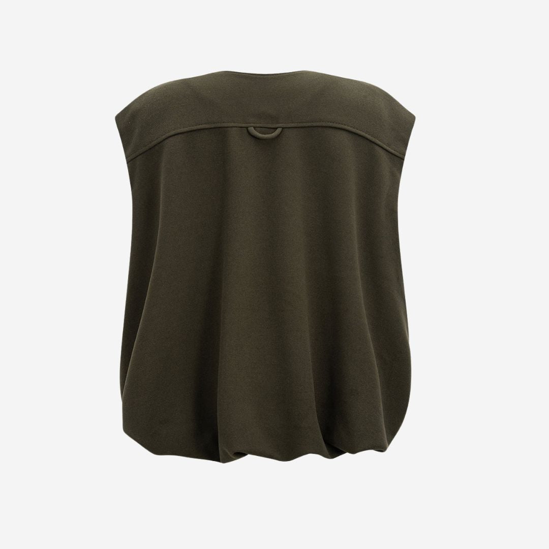 Mörkgrön ärmlös jackväst i strukturerat tyg med dragkedja och ficklock för dam