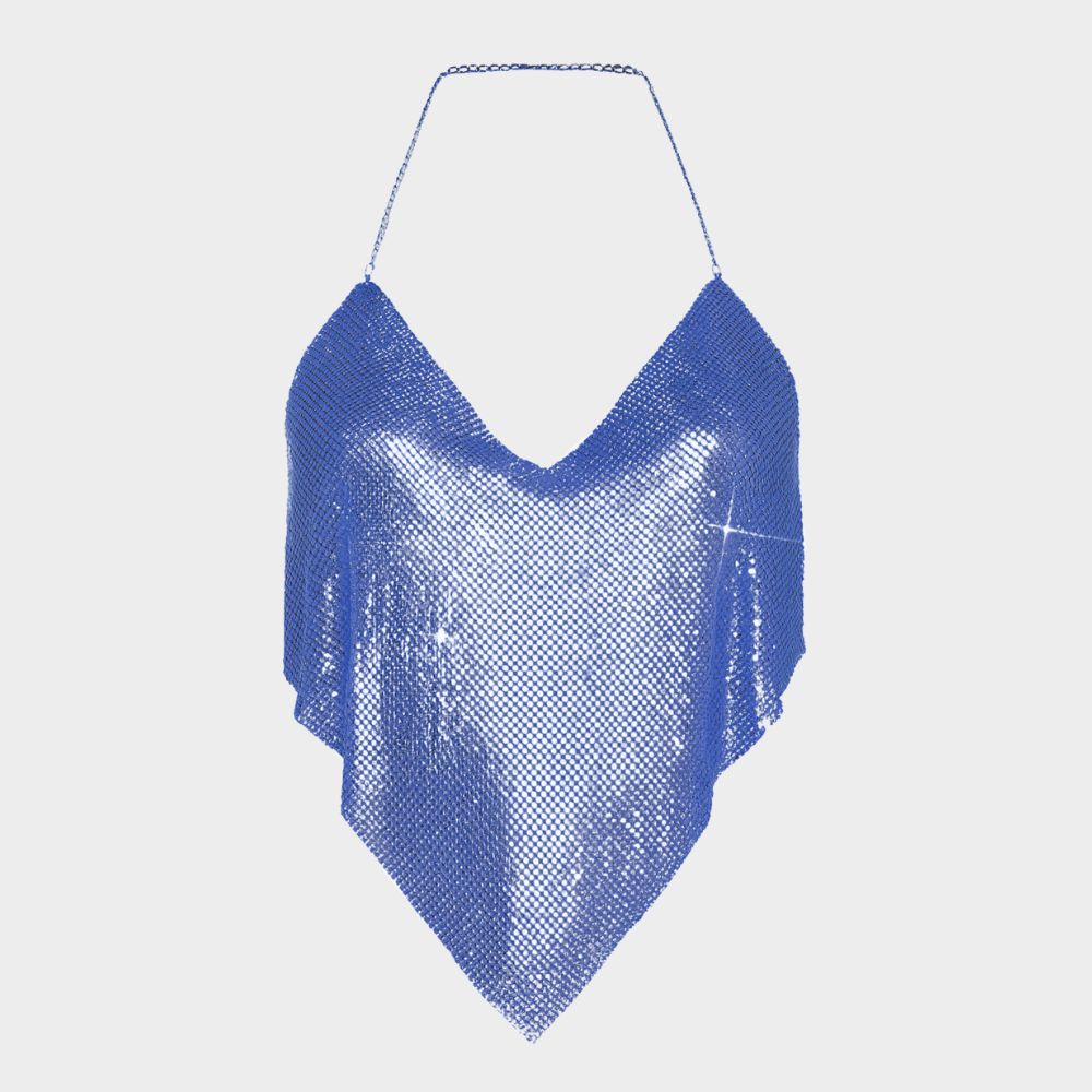 Paljettlinne med kedjeband och öppen rygg i clubstil