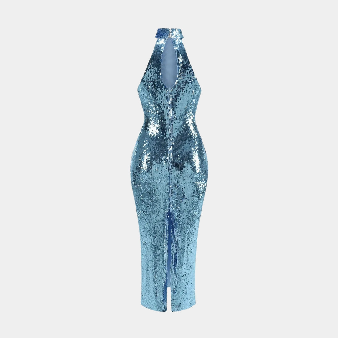 Blå paljettklänning i bodycon-modell med ärmlös design